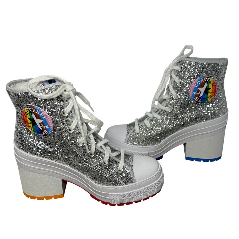 Converse Chuck 70 De Luxe Heel Pride Silver Glitter Platform Boots W 7.5 M 5.5